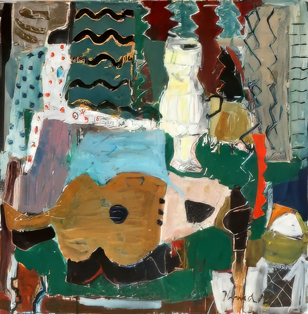 Cubist still life with guitar